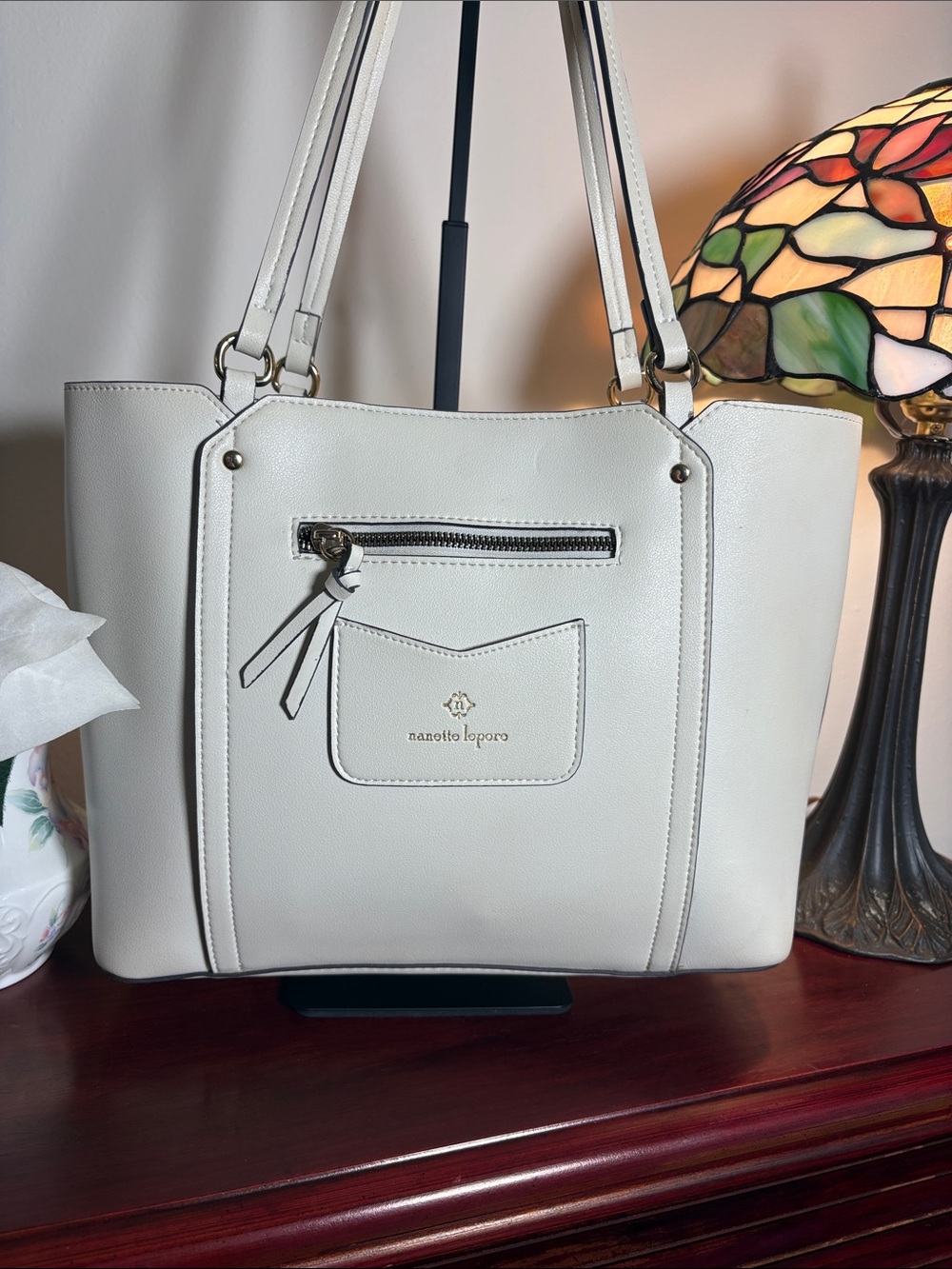 Nanette Lepore Ivory Leather Tote with Front Zip Pocket